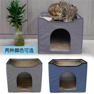 Pet Bed Square Blue Grey Fabric Fiber Fill <b>Hand</b> <b>Wash</b> Cat House Open Style Dual Purpose Folding Pet Bed - Product Image 5