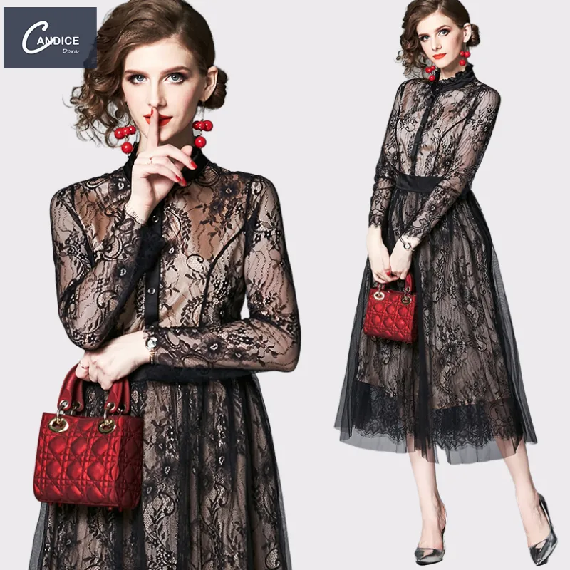 Candice 2023 new arrival black long sleeve maxi lace casual dresses elegant modest women