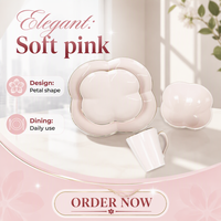 Service de table LEXI moderne en porcelaine de haute qualité, incassable, en forme de fleur rose, avec incrustations dorées, assiette, bol, tasse - compatible micro-ondes et lave-vaisselle