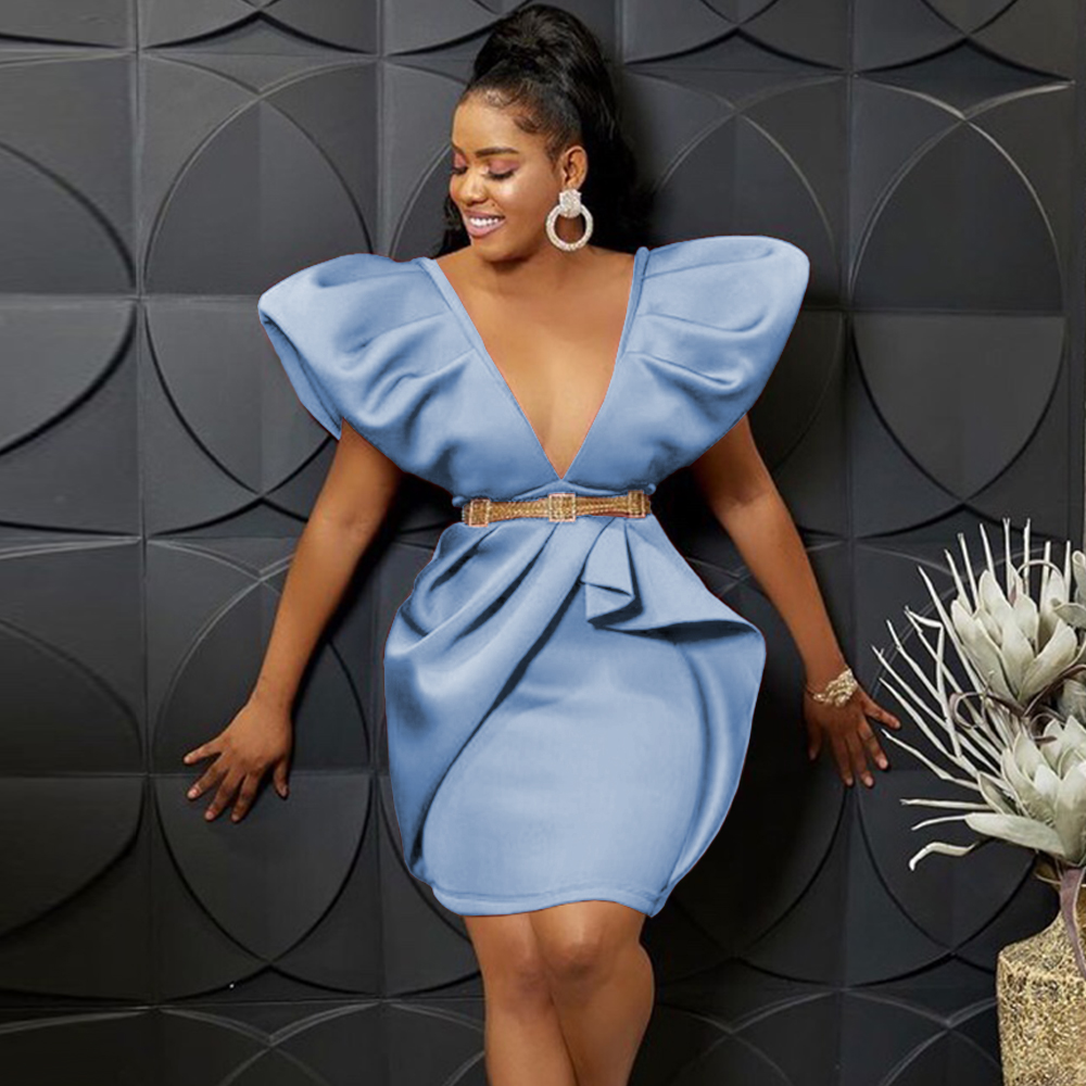 Above Knee Sexy Sleeveless Cute Deep V Neck Pleated Girl Club Dresses