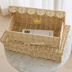 Panier de rangement festonné en rotin écologique fait main avec couvercle, beige, pour la maison, la salle de bain et la chambre à coucher – Vente chaude au Vietnam - Product Image 2