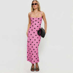 Vestido midi rosa de lunares con tirantes finos, cintura imperio, estampado casual, ajustado, sin mangas, de punto, para fiesta de verano - Product Image 1