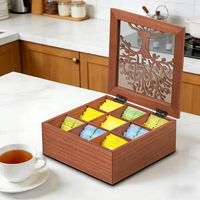 Boîte de rangement en bois sculpté ajouré, multi-compartiments, pour sachets de thé, avec couvercle à charnière, pour la maison et la cuisine