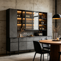 Meuble à vin moderne et écologique sur mesure avec portes vitrées, barre lumineuse LED, buffet avec tiroirs, gris foncé, compatible OEM/ODM