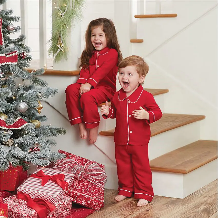 Groothandel Katoenen Blanco Kids Kerst Pyjama Set 2023 Winter Tweedelige Kinderen Jongens Meisjes Custom Kids Pyjama