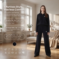 Ensemble deux pièces décontracté pour femme : pull en laine brodé uni à col en V et revers, et pantalon large en maille ample