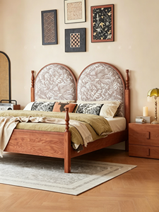 Premium Solid Wood <b>Bed</b> <b>Frame</b> French Vintage Double Round Upholstered Headboard Floral Pattern Comfortable Bedroom Furniture Stab - Product Image 4