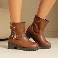 Bottines mi-mollet à double boucle et fermeture éclair latérale en cuir vintage, talon bloc, pour tenue rétro quotidienne, bottes pour femmes