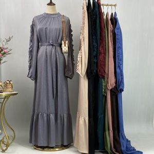 Robe longue modeste d'été en promotion avec manches à volants, Abaya musulmane ceinturée pour femme, idéale pour le quotidien (6582) - Product Image 5
