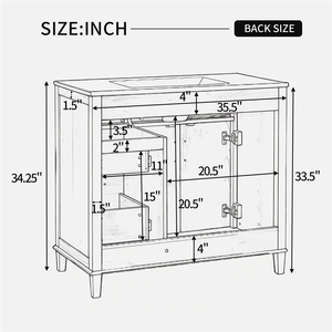 <span class=keywords><strong>Meuble</strong></span>-lavabo de salle de bain 36 pouces avec <span class=keywords><strong>vasque</strong></span> en céramique, finition grain de bois, pieds en bois massif, portes à fermeture douce, couleur naturelle - Product Image 3