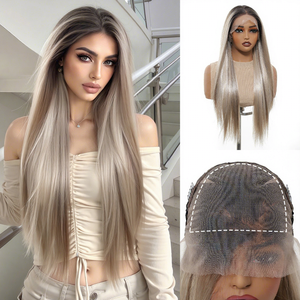 Blonde dorée pour <span class=keywords><strong>cheveux</strong></span> noirs, racine 13x6, dentelle frontale, Yaki longue, haute densité, droite, photo réelle, fibre future, croissance, toutes les coiffures - Product Image 1