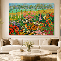 Peinture à l'huile abstraite sur toile Hollyhock Garden, fleurs rouges et roses, champ de moutarde, ciel, taille personnalisée, vente en gros directe usine