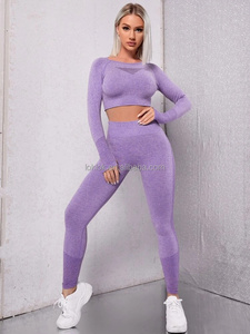 Conjunto Deportivo de Yoga para Mujer, Control de Abdomen, Cuello Redondo, Ropa Deportiva sin Costuras, Conjunto de Yoga Acanalado de 2 Piezas, Conjunto de Fitness para Gimnasio - Product Image 2