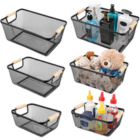 Panier de rangement multifonctionnel en maille métallique avec poignée en bois pour la cuisine, la salle de bain et le garde-manger