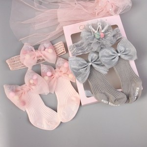 Lace Crown Floral Bow <b>Baby</b> <b>Headband</b> Sock Set Glitter Tulle Bow Ribbed Cotton Mid Calf Socks Soft Elastic Infant Hair Accessory - Product Image 1