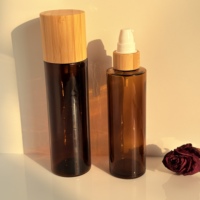 Bouteille en verre ambré personnalisée avec logo, couvercle en bambou, verre givré avec tête de pompe, couvercle en bambou pour cosmétiques, flacon pompe pour lotion