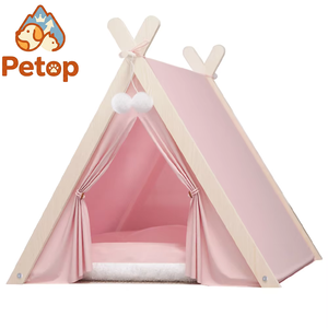 Tienda de campaña tipi para mascotas Petop de nailon y polialgodón con cojín suave, decoración de pompones, plegable, casa para perros y gatos para interiores, para todas las estaciones, color rosa, en caja. - Product Image 1