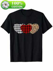 T-shirt da donna per San Valentino, stampa leopardata a cuori e quadri, 100% cotone, stile streetwear, manica corta, girocollo, vestibilità regolare - Product Image 1