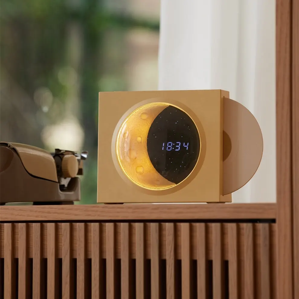 Haut-parleur portable sans fil avec lecteur CD rétro Horloge numérique de bureau Veilleuse d'ambiance étoilée en demi-lune Haut-parleur BT