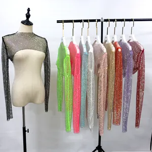 Camisetas sin mangas con cristales completos para mujer, Top corto de malla elástica de manga larga con adornos de diamantes de imitación para cubrir la playa