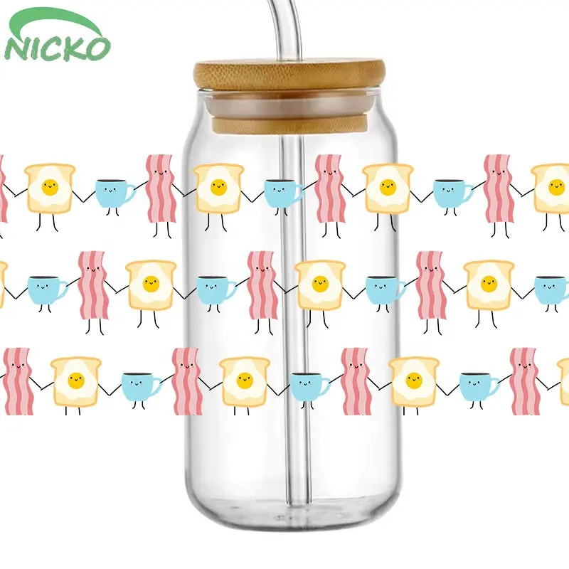 Оптовая Продажа с фабрики Nicko UV DTF, обертка для чашек с мультяшным дизайном, для кружек на 16 унций, кофейных чашек, стеклянные банки Libbey