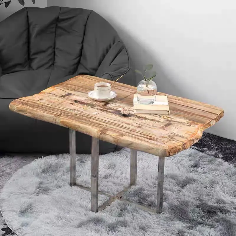 Vente en gros de console en fossiles naturels pour salle à manger table basse rectangulaire ronde et carrée avec pieds en métal bois pétrifié