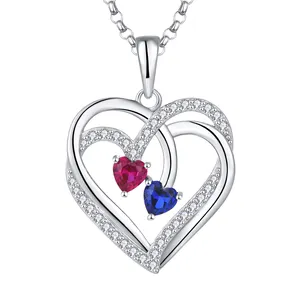 Valentine'S Day Women Gift Love Blue Red Stone Heart Pendant 925 Sterling Silver Custom Heart Diamond Necklace