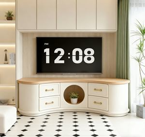 Contemporary Curved <b>TV</b> <b>Stand</b> - Stylish Living Room Furniture with Gold-Trimmed LED Display & Integrated Storage - Product Image 1
