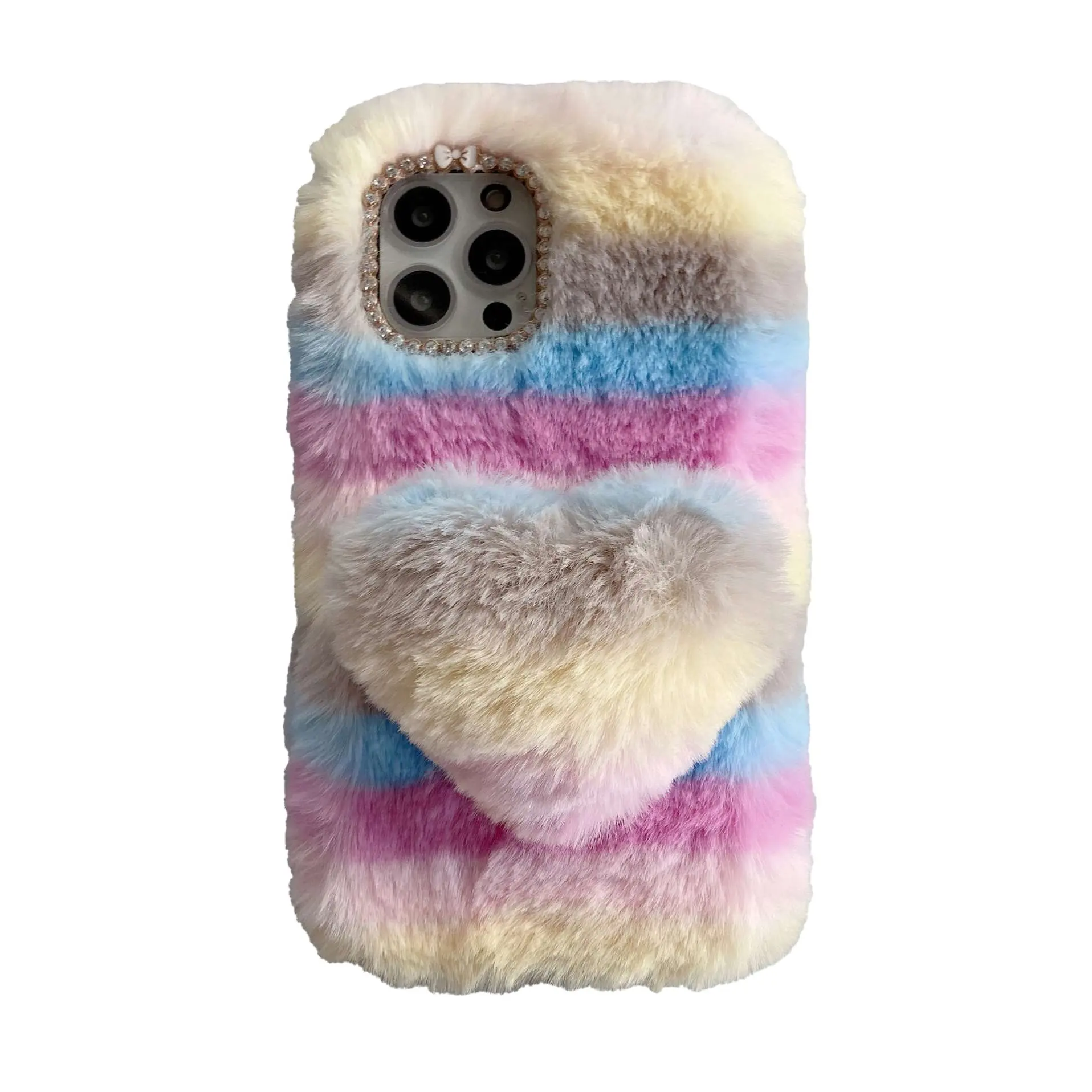 Nova Chegada Atacado Bonito estilo Deusa Rainbow Plush Phone Case Com Fluffy Amor Coração Pingente Ou Coração Vara Soft Phone Case