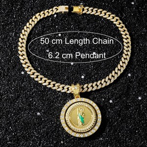 Gold Plated <b>Iced</b> <b>Out</b> Cuban Link Necklace Rotating Pendant Medallion Rhinestone <b>Chain</b> Hip Hop Jewelry - Product Image 3