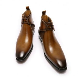 Designer Genuine Leather Square Toe Ankle <b>Boots</b>-Waterproof Lace-Up Formal Men's Shoes with Height Increasing for Autumn/Winter - Product Image 1
