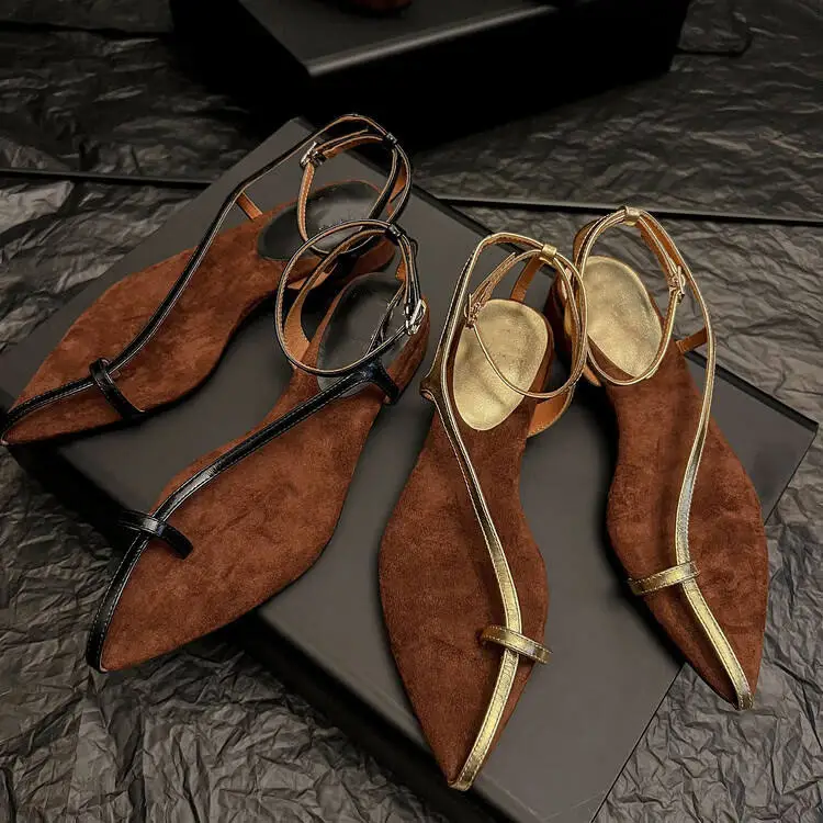 Xinzirain 2024 dernières chaussures de sandale en cuir véritable Sexy bout pointu 3cm talon bas femmes sandales avec Logo personnalisé