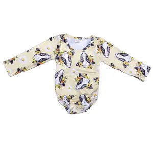 Trẻ sơ sinh dễ thương in Romper Bull đầu hướng dương rìa dài tay áo onesie bé Quần áo trẻ em mặc