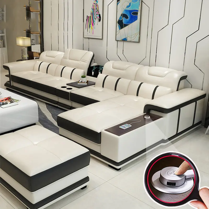 Set sofa kulit bentuk L, bagian sofa ruang tamu murah 2023 dengan fungsi bahan kustom meja