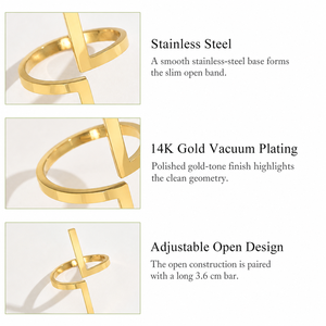 แหวนทรงยาว สแตนเลสสตีล ชุบทอง 14K แบบสุญญากาศ ปรับขนาดได้ ดีไซน์เรขาคณิต เรียบง่าย โดดเด่น - Product Image 2
