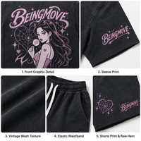 Ensemble court 2 pièces vintage délavé pour homme, coupe oversize en coton, imprimé Y2K dessin animé fille, survêtement streetwear personnalisé