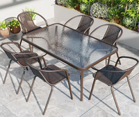 Conjunto de Comedor Moderno y Resistente para Exteriores, Sillas de Metal, Mesa Rectangular de Vidrio con Diseño de Ondas de Agua y Estructura de Hierro