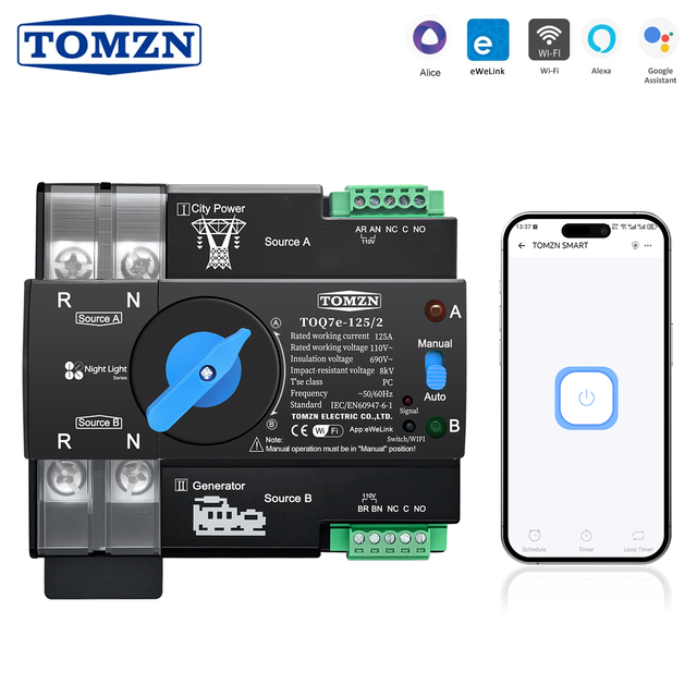 TOMZN Din Rail WIFI smart ATS 110V 120V Dual Power Automatic TransferSelector Switch Uninterrupted 2P 63A 100A 125A eWeLink
