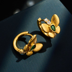 Butterfly Huggie <b>Earrings</b> Gold Plated With Zirconium 925 Silver Ear <b>Posts</b> Party Jewelry - Product Image 1