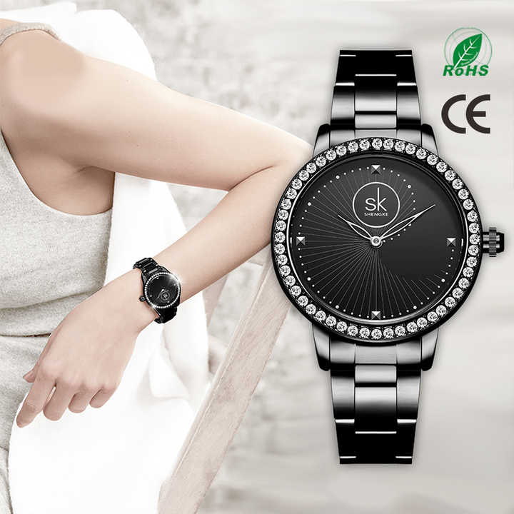 SHENGKE SK K0111L Roestvrijstalen band Mode Luxe Horloges Damespols Japans Uurwerk Kwarts