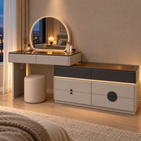 Coiffeuse avec miroir arqué, plateau en verre noir, bande lumineuse LED, tiroirs gris pour chambre et salon à domicile