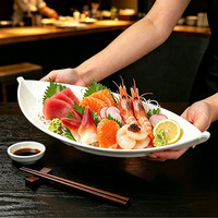 Plateau de service en mélamine blanche en forme de bateau pour sashimi, assiette à sushi, assiette à salade, plateau de service en forme de bateau pour apéritifs, chips et plats froids