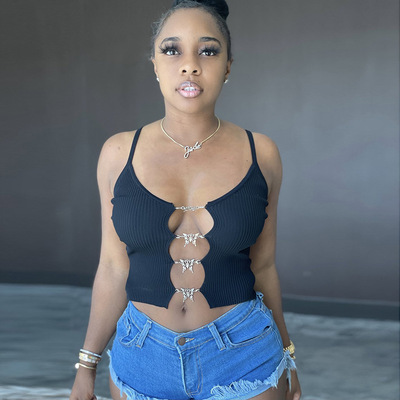 2021 New Summer Fashion Ladies Hollow Out Chain Butterfly Sexy Woman Tops Fashionable