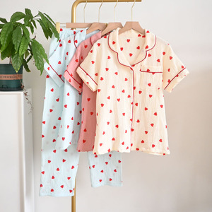 PJ-1469 Sweet Heart Print Pajamas Women Short Sleeve Long <b>Pants</b> Pure Cotton Thin Summer Loungewear For Home Young Women - Product Image 3