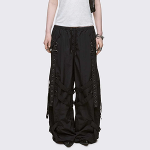 Pantalon cargo parachute 100 % nylon pour homme, avec harnais à œillets, coupe ample, jambe large, taille élastique avec cordon de serrage, pantalon fonctionnel de style urbain - Product Image 4