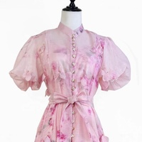 Nouvelle Robe Midi Style Palais à Grande Jupe Évasée, Manches Bouffantes à Fleurs Tridimensionnelles, Série Robes Industrielles de Haute Qualité avec Ceinture