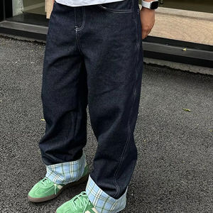 Amerikan Retro ekose Patchwork Unisex kot Baggy haddelenmiş kenar yüksek sokak ham mavi gevşek pantolon geniş bacak erkek trendleri kot - Product Image 2