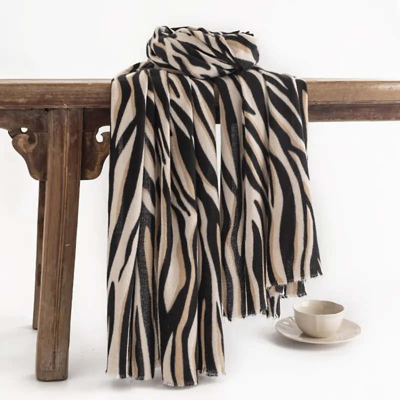 In Stock Winter New Arrival Factory Pashmina Alpaca Scarf zebra pattern 100% Merino Wool other scarf Cashmere Scarf Mufflers