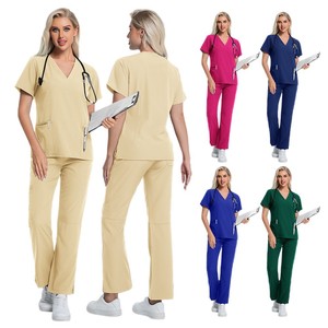 Women's Scrub Uniform Set Short Sleeve V Neck Medical Workwear For Nurses Doctors Veterinarians Operating Room Staff Beige Navy - Product Image 2