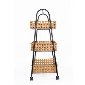 Nordic style wrought iron rattan-look <b>kitchen</b> and bathroom <b>storage</b> rack, metal woven bedroom wheeled trolley - Product Image 3